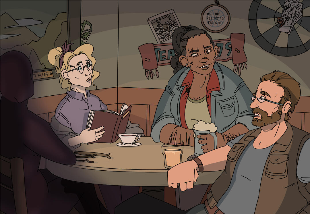 Four characters sit around a bar table. From left to right: Shade (they/them), Cecily Buchanan (she/her), Kiki Cethin (she/her), and Archie Leach (he/him)
